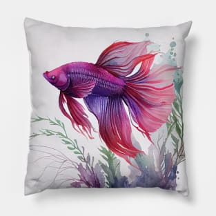 Purple and Red Betta Fish Watercolor Pillow