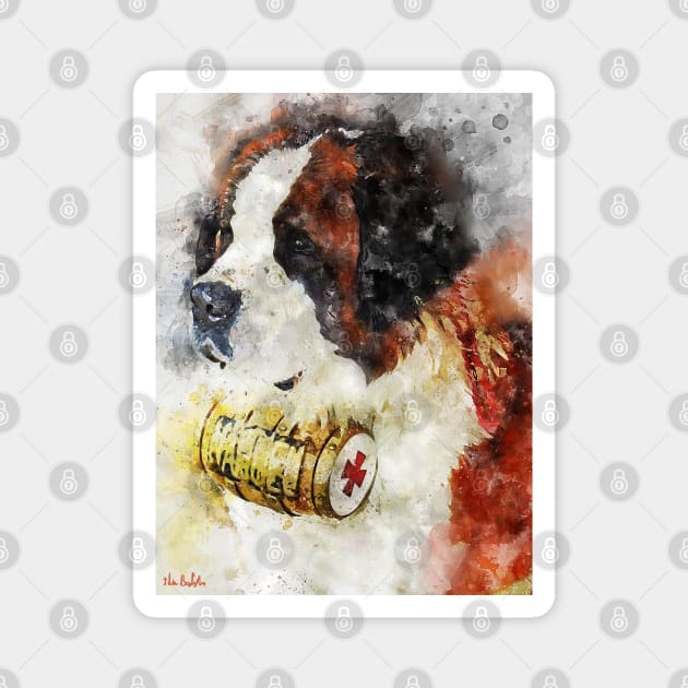 St Bernard Watercolor Portrait with a Sherry Keg on the Neck Magnet by ibadishi