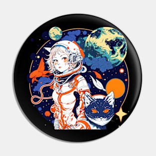 Cat & Girl in Space Fantastic Retro Cat Lover Pin