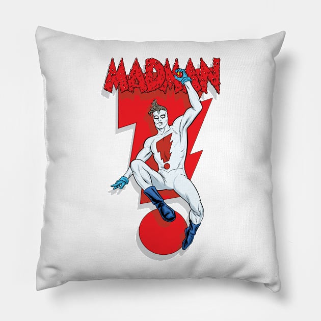 MADMAN Bolt Leap with Shadow on white Pillow by MICHAEL ALLRED