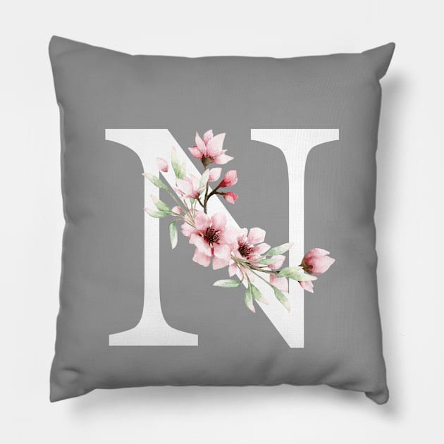 Letter N Monogram With Cherry Blossoms Pillow by thesnowwhyte