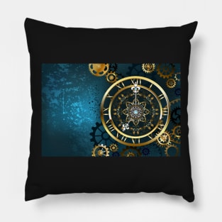 Golden Clock on Turquoise Background ( Steampunk ) Pillow