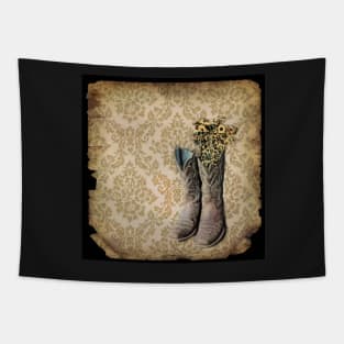 primitive Wildflower brown damask western country cowboy boots Tapestry
