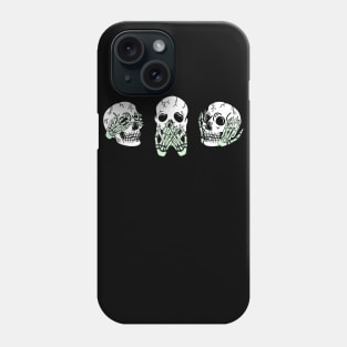Three Skull Faces with Green Skeleton Hands Covering Eyes, Mouth, and Ears, made by EndlessEmporium Phone Case