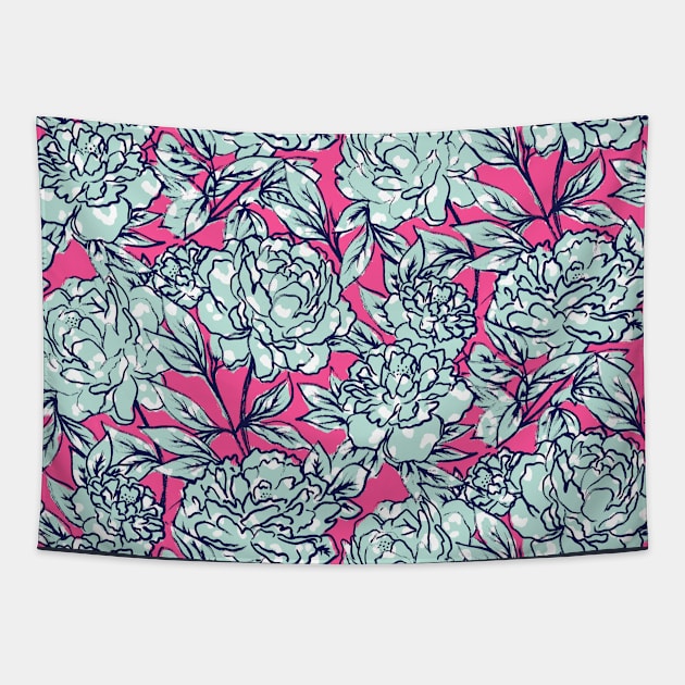 Mint and Hot Pink Leopard Peonies Tapestry by Carolina Díaz