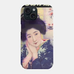 Vintage Japanese girl with a blue leafy kimono daydreaming Phone Case