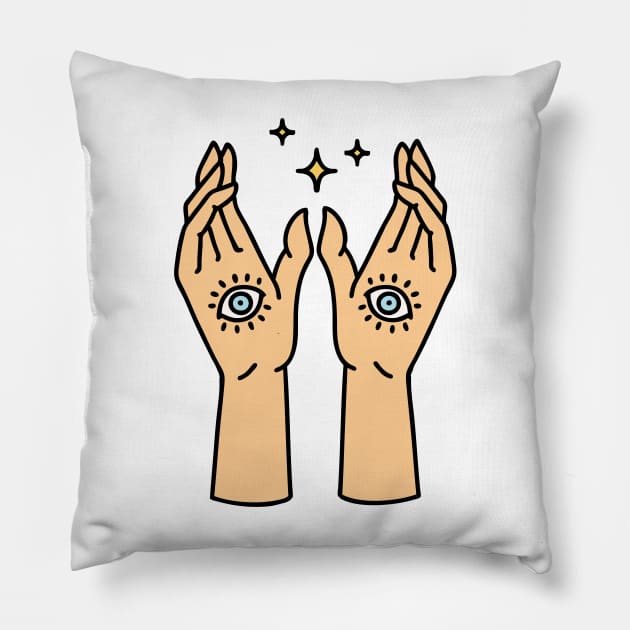 Mystic Hands With Blue Eyes and stars Magical Protection Pillow by From Mars