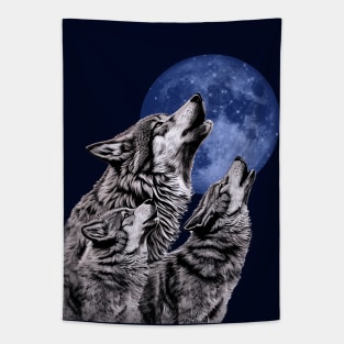 Three Wolves Howling at the Moon Wolf Tapestry