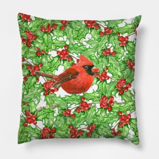 Cardinal and holly berry watercolor pattern Pillow