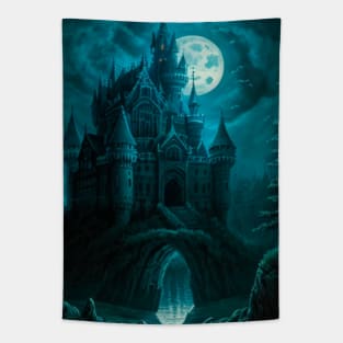 Spooky Halloween Castle in Blue and Black Tapestry