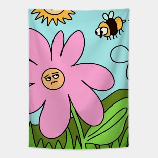 Cute flower and Bee Funny Landscape Cartoon Tapestry