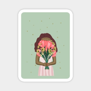 Cute girl holding a floral bouquet in a pink dress | pink and green Magnet