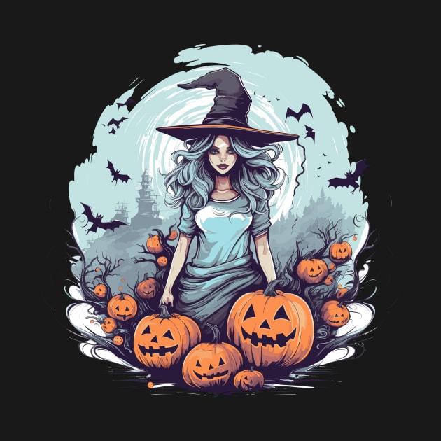 Cartoon Witch with Ashen Hair - Halloween Hocus Pocus Moonlit Enchantment by InkInspire