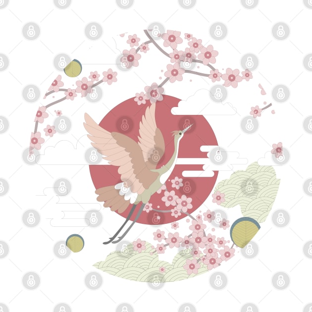 Crane birds and cherry blossom, abstact japanese style print by KINKDesign