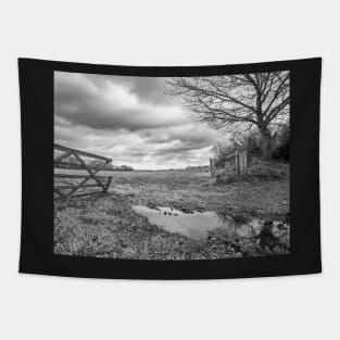 Wooden gate showing the entrance to an arable field in the English countryside Tapestry