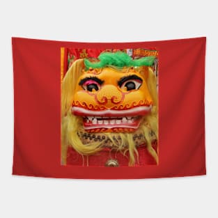 Golden red Chinese Dragon mask closeup Tapestry