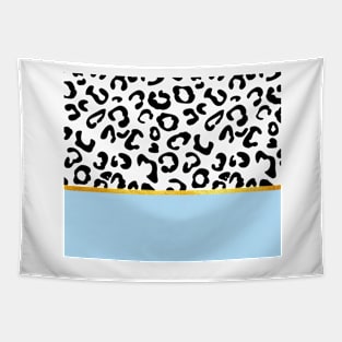 Black and white leopard print on light blue, golden lining Tapestry