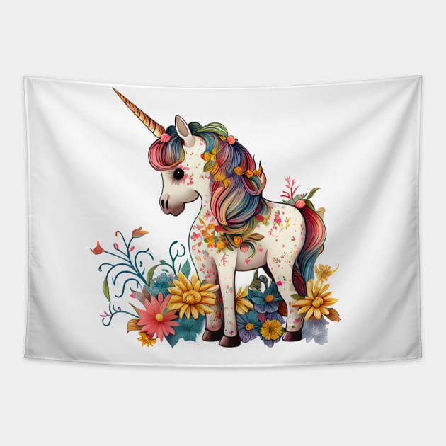 Cute Floral Unicorn Tapestry by Etopix