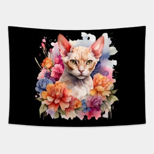A devon rex cat decorated with beautiful watercolor flowers Tapestry