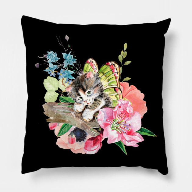 Cute Kitten on Watercolor Flowers Pillow by Nartissima