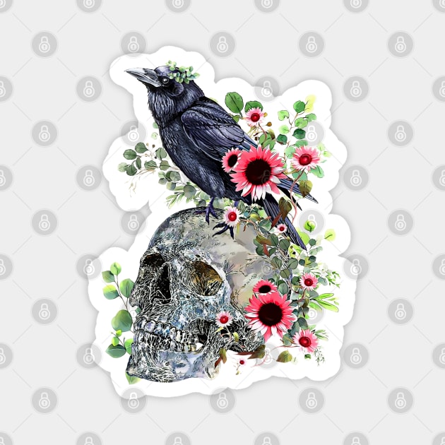 Black raven with skull and leaves crow, skeleton leaves eucaliptus and pink sunflowers Magnet by Collagedream