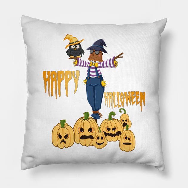 Enchanted Halloween Night: The Wise Wizard Owl, Spooky Elegant Scarecrow with Glasses and Scary Pumpkins - A Halloween Delight Pillow by KrasiStaleva