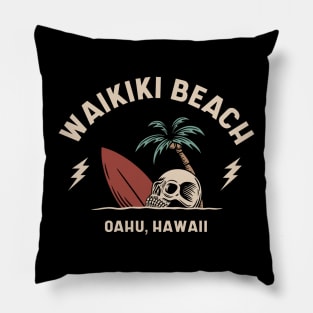 Vintage Surfing Waikiki Beach Oahu Hawaii // Retro Surf Skull Pillow