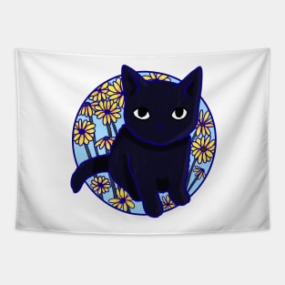 Cute black kitten with flowers Tapestry