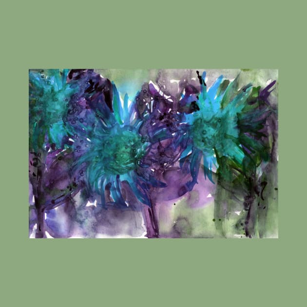 Abstract colorful background with watercolor wild flowers. Blue-violet-green painting with sunflowers. For the  fabric, textile, wall decor, wallpapers, covers and packaging. by Olesya Pugach