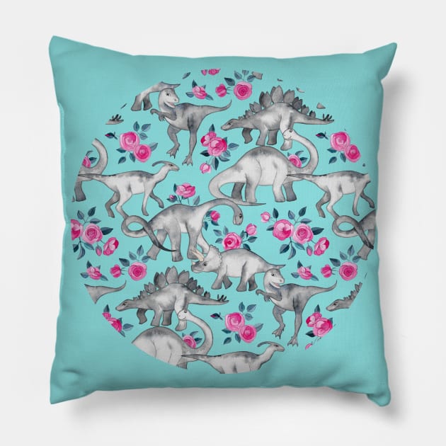 Dinosaurs and Roses – turquoise blue Pillow by micklyn