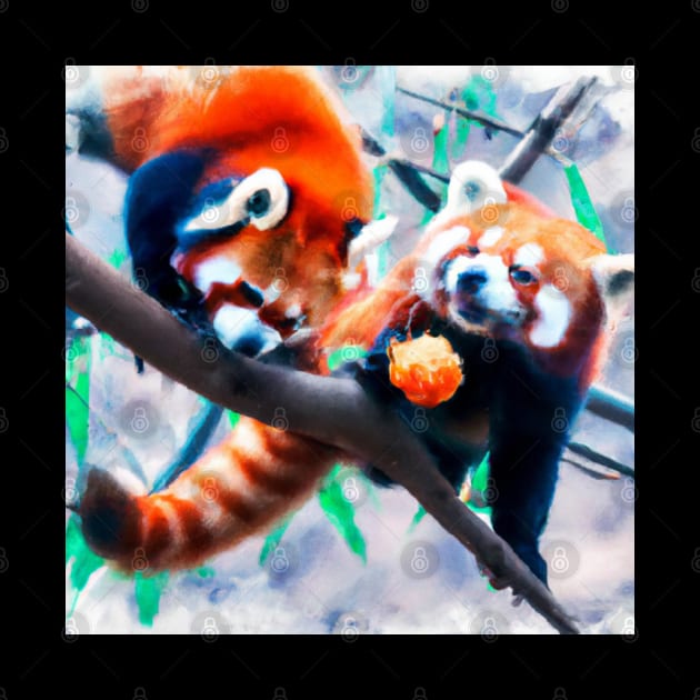 Pareja de Pandas Rojos Comiendo Fruta. by Cotton Candy Art