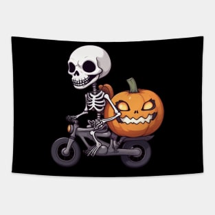 Skeleton Riding Vintage Bicycle Halloween Funny Pumpkin Tapestry