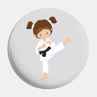 Karate Girl, Cute Girl, Brown Hair, Black Belt Pin