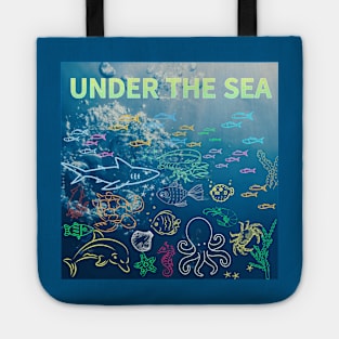 under the sea,blue sea,sea creatures,Turtle, puffer fish, starfish, shrimp, shark, tropical fish, sea horse, seaweed, sardines, squid, crabs, clams Tote