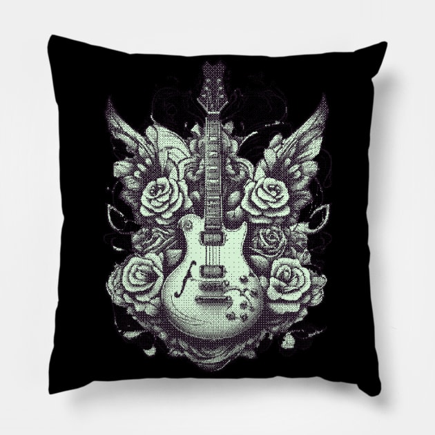 Electric guitar & roses pixel art nokia green Pillow by Bassivus