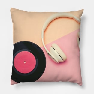 Headphones and Vinyl Record Photo, Pastel Pink and Peach Pillow