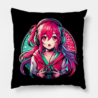 Red cute gamer girl Pillow