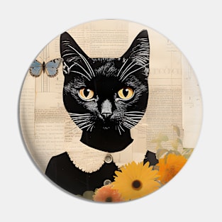 Black Cat Portrait With Flowers Vintage Art Pin