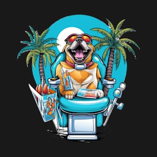 an English Bulldog sitting in a dentist's chair, wearing sunglasses T-Shirt