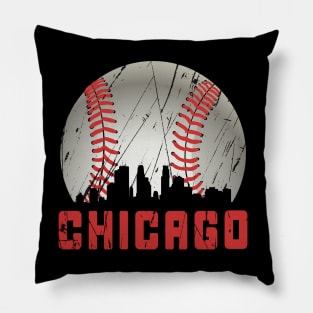 Distressed Chicago Downtown Skyline Baseball Vintage Pillow