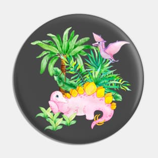 Cute Pink Dinosaur Stegosaurus in the Jungle Watercolor Art Pin