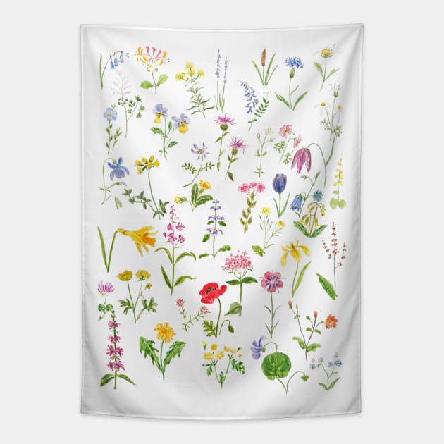 botanical colorful countryside wildflowers watercolor painting Tapestry by colorandcolor