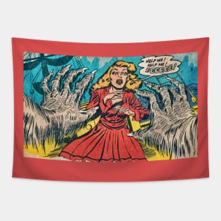 Comic hairy monster hands attacking a woman in red Tapestry