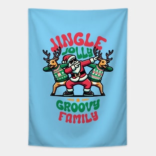 Family - Holly Jingle Jolly Groovy Santa and Reindeers in Ugly Sweater Dabbing Dancing. Personalized Christmas Tapestry