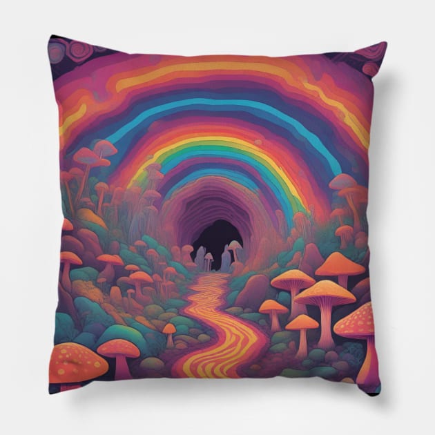 Mushroom Rainbow Cave Journey Pillow by drumweaver