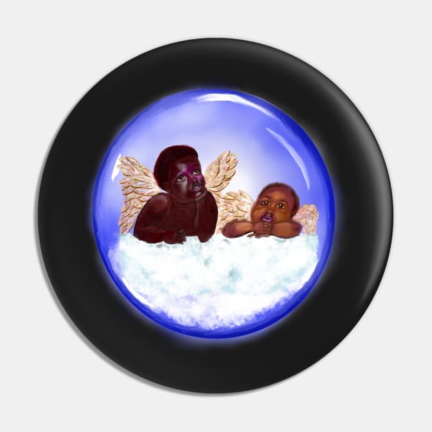 Cherubim in a heavenly space bubble- brown skin cherubs with curly Afro Hair and gold wings deep in thought on a cloud Pin by Artonmytee