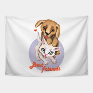 Cute small cat and dog. Sweet little baby pets. Kitten and puppy friends. Tapestry