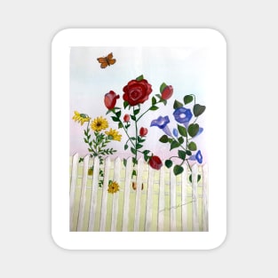 Flowers Growing Through Fence While Butterfly Hovers Magnet