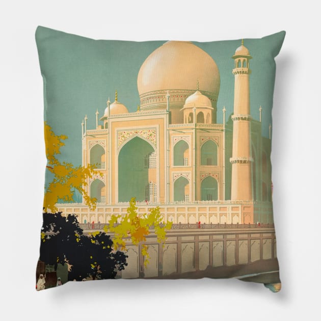 Vintage Travel Poster Visit India The Taj Mahal Pillow by vintagetreasure