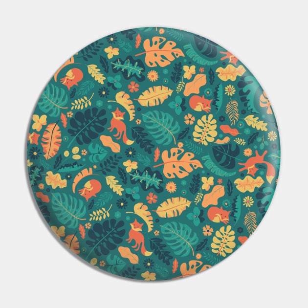 Foxes in a Colorful Jungle With Flowers -  Full Pattern Pin by zorrorojo